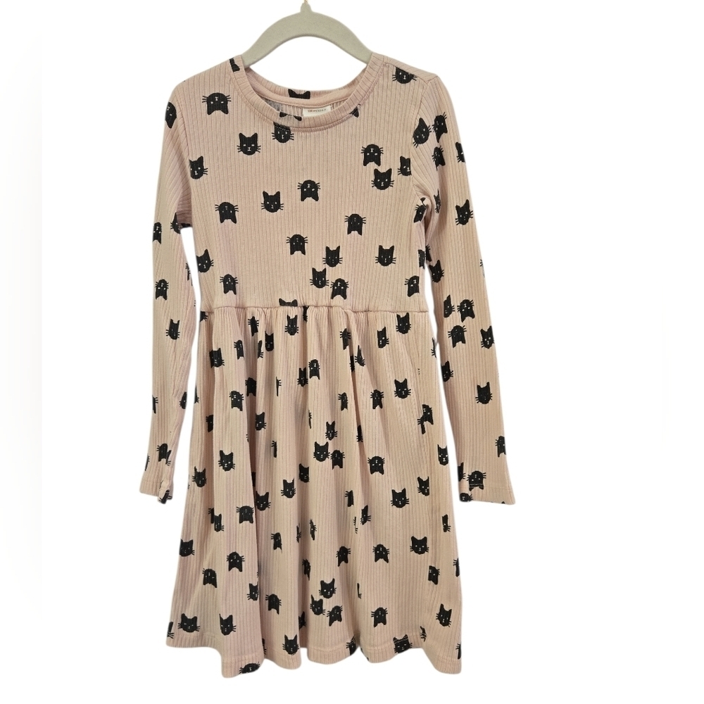 HANNA ANDERSSON PINK AND BLACK RIBBED CAT PRINT LONG SLEEVE DRESS. SIZE 6-7.